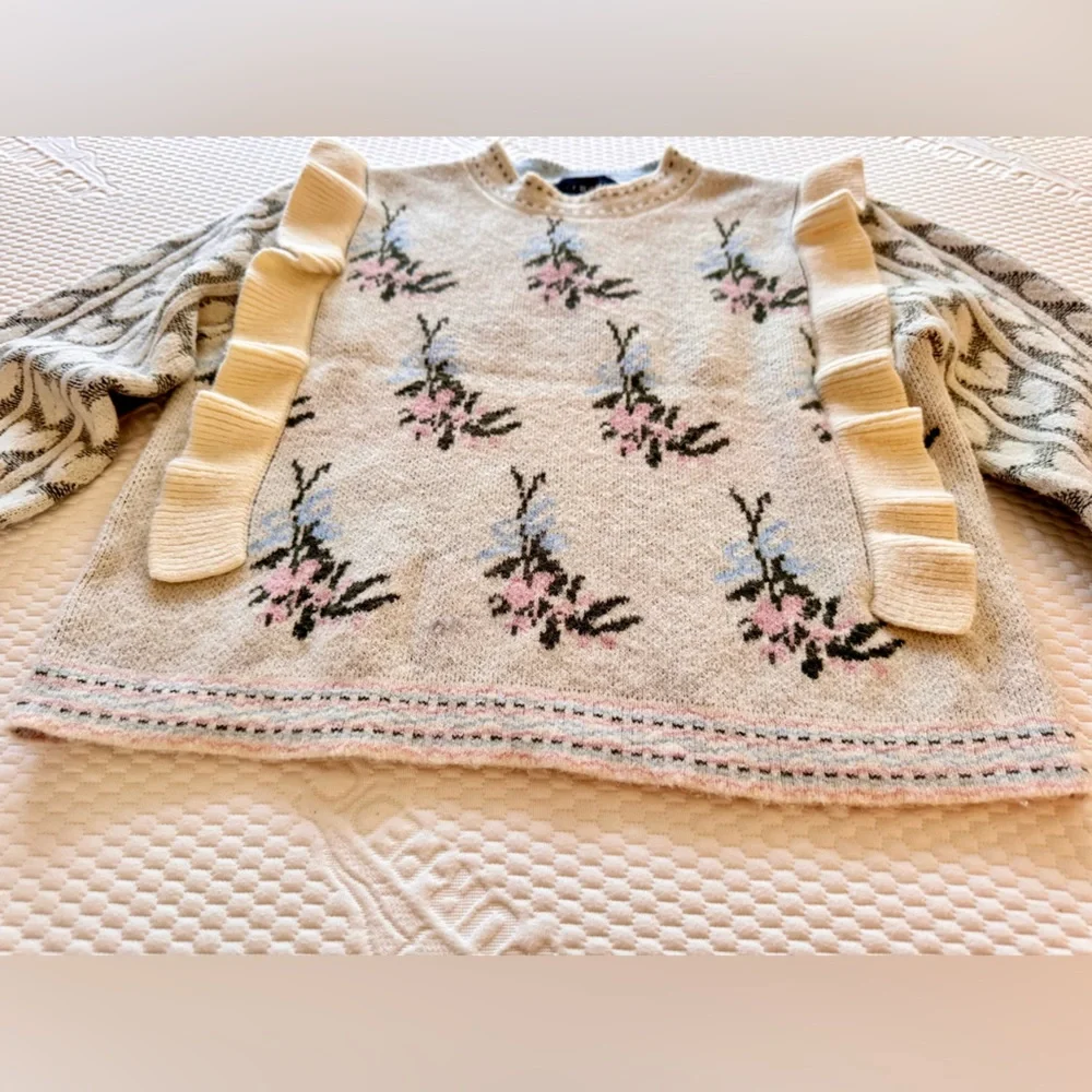 CIDER Ruffle Cream Pink Blue Knit Sweater w Balloon Sleeves like LOVESHACK FANCY